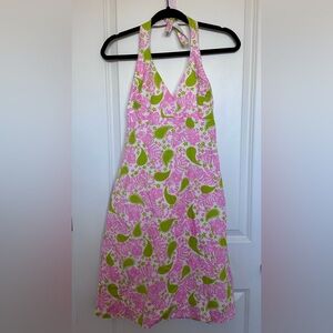 Lilly Pulitzer VTG White Label Blackjack Cat Print Halter Dress
